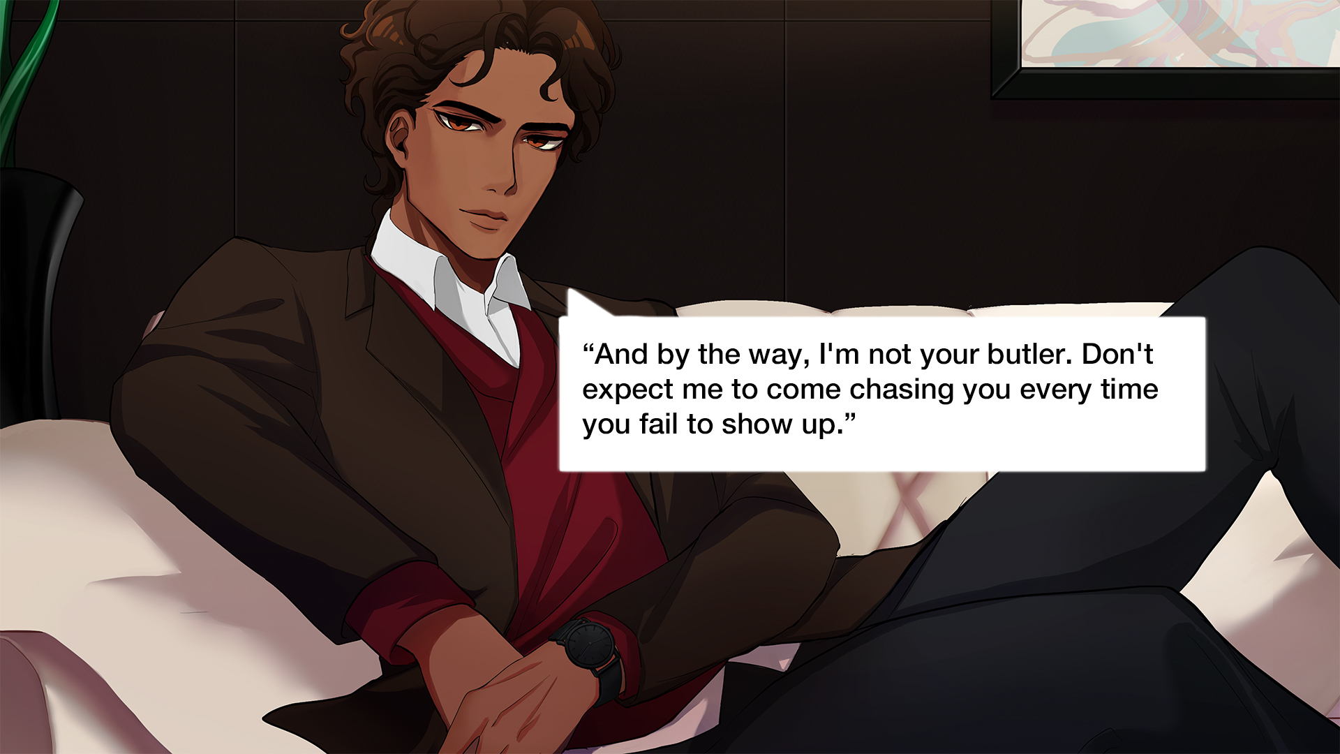 Guilded Hearts CG of Guillermo lounging on his luxurious sofa