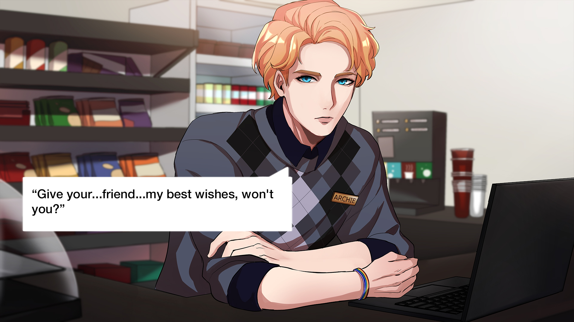 Guilded Hearts CG of Archie at the corner store counter
